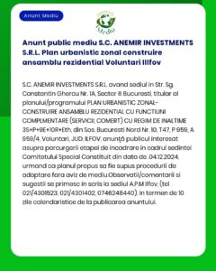 Anunt public mediu S.C. ANEMIR INVESTMENTS S.R.L. Plan urbanistic zona