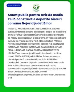 Anunt public pentru aviz de mediu P.U.Z. constructie depozite birouri