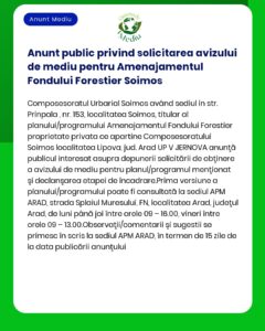Anunt public privind solicitarea avizului de mediu pentru Amenajamentu