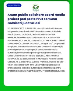 Anunt public solicitare acord mediu proiect pod peste Prut comuna Gola