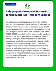 Anunț despre întocmirea unui PUZ pentru o zonă rezidențială din județul Timiș Săcălaz cu detalii de proprietate și informații despre investiții