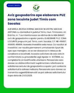 Aviz privind elaborarea Planului Urbanistic Zonal pentru locuințe în județul Timiș cu detalii despre investitori și termene valabil până la 23 martie 2025