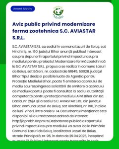 Aviz privind modernizarea fermei zoo-tehnice SCAVIASTAR SRL cu detalii despre potențialele impacturi asupra mediului și transmiterea către Agenția pentru Protecția Mediului