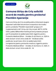 Comuna Girișu de Criș solicită acord de mediu pentru proiectul Plantăm