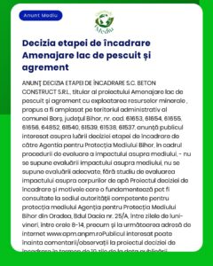 Anunț privind etapa de decizie pentru SC Beton Construct SRL referitor la acordul de pescuit și exploatarea resurselor la Borș Bihor România Include detalii despre procedura și implicarea publicului