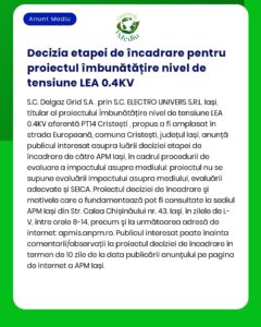 Anunț Mediu decizia etapei de încadrare pentru un proiect de tensiune LEA 04KV în Cristești județul Iași de către SC Delgaz Grid SA