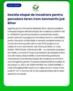 Anunț public de la APM Bihor privind evaluarea unui proiect de locuințe în Com Sânmartin jud Bihor