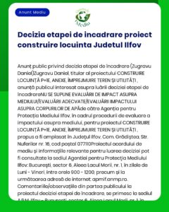Decizia etapei de încadrare pentru proiectul imobiliar din Județul Ilfov România Include evaluarea impactului asupra mediului și detaliile de contact ale agenției Text alb pe fundal albastru și verde