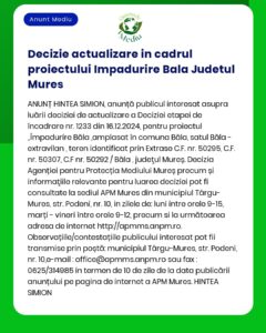 Decizie actualizare în cadrul proiectului Împădurire Băla Județul Mureș
