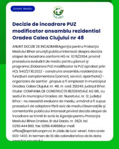 Proiectul deciziei de încadrare pentru dezvoltarea rezidențială din Oradea emis de APM Bihor include informații legale și procedurale