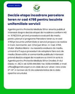 Anunț al APM Bihor privind evaluarea de mediu pentru terenul cu nr cad 4798