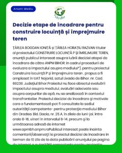 Anunț informativ despre evaluarea impactului asupra mediului pentru construcția de locuințe și îmbunătățiri funciare în UAT Nojorid județul Bihor