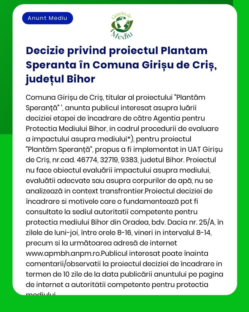 Decizie privind proiectul Plantam Speranta în Comuna Girișu de Criș j