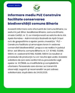 Obținerea unui PUZ pentru o facilitare de conservare a biodiversității în Biharia județul Bihor cu intenția de a solicita aprobarea autorităților relevante