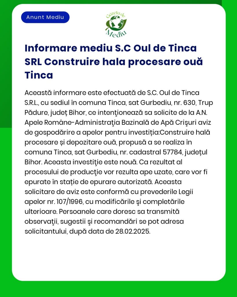 Sesizare informativă despre SCOul de Tinca SRL privind propunerea de construire a unei unități de prelucrare și depozitare în Tinca județul Bihor cu detalii legale și procedurale