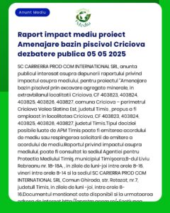 Anunț despre o dezbatere publică asupra unui raport de impact asupra mediului pentru un proiect de carieră în Criva Craiova România Programat pentru 5 mai 2025 la sediul APM Timis