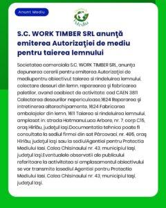 Anunț de la SC WORK TIMBER SRL privind autorizarea de mediu pentru activități de tăiere fasonare și prelucrare a lemnului cu coduri și adrese specifice detaliat