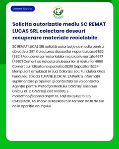 Aviz pentru servicii de mediu autorizate de catre SC REMAT LUCAS SRL care detaliaza colectarea si recuperarea materialelor reciclabile