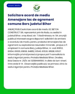 Solicitare de obținere a acordului de mediu pentru un proiect în Bors județul Bihor
