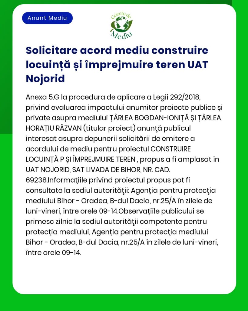 Anunț pentru aplicarea acordului de mediu privind construcția pe teren privat în satul Nojorid județul Bihor România conform Legii 292/2018