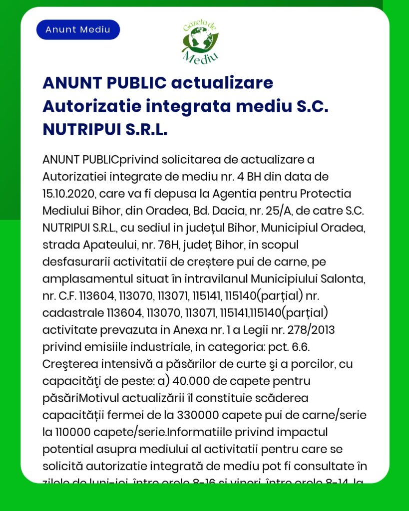 Anunț public privind actualizarea autorizației de mediu pentru SC Nutripui SRL detalii despre cerere și activitate legată de producția de carne în Oradea România