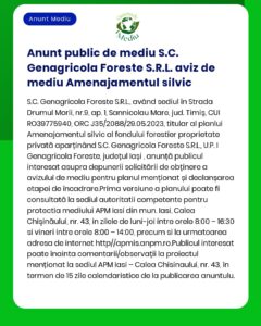 Un document care detaliază un anunț public de mediu în limba română care prezintă procedurile planului de management forestier