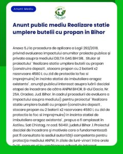 APM anunță depunerea solicitării de emitere a acordului de mediu pentru proiectul Încărcare și depozitare butelii cu gaz petrolier lichefiat GPL-propan a propus a fi amplasat în județul Bihor
