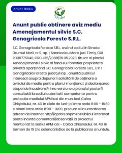 Anunț de obținere a autorizației de mediu pentru SCGenagricola Foreste SRL în care se detaliază proiectul silvic și procesul de autorizare din 29 mai 2023