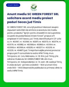Anunt mediu SC GREEN FOREST SRL solicitare acord mediu proiect paduri