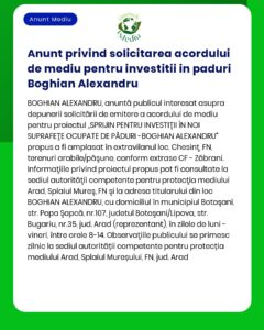 Anunt privind solicitarea acordului de mediu pentru investitii in padu
