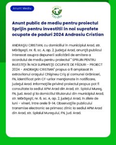ANUNT PUBLIC DE MEDIU PENTRU PROIECTUL SPRIJIN PENTRU INVESTITII IN NO