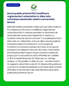 Anunt public privind PUZ modificare reglementari urbanistice in Alba I