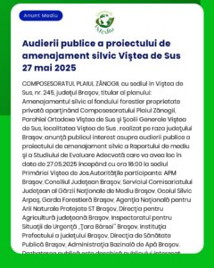 Anunț de audiere publică pentru proiectul silvic Viștea de Sus din 27 mai 2025 în care se detaliază compoziția și zonele de dezvoltare din județul Brașov