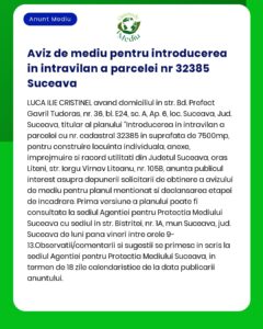 Titlul proiectului și titularul nu sunt specificate exact în textul anunțului APM Suceava anunță depunerea solicitării de emitere a acordului de mediu pentru amenajare teren la 32385 Suceava