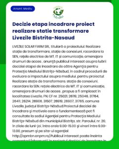 Anunț informativ despre o etapă de decizie a proiectului privind transformările în Livezile Bistrița-Năsăud cu detalii și informații de contact
