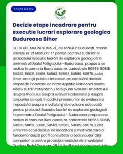 Informare privind decizia etapei de încadrare pentru lucrări de explorare geologică în Budureasa Bihor cu detalii despre proiect și numere cadastrale