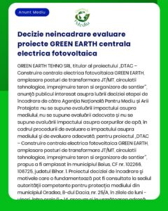 Proiectul 'GREEN EARTH' - centrală electrică fotovoltaică APM anunță decizia privind evaluarea impactului asupra mediului pentru acest proiect