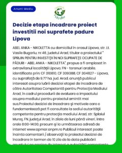 Decizie etapa incadrare proiect investitii noi suprafete padure Lipova