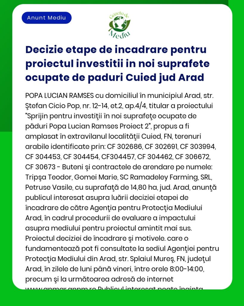 Decizie etape de incadrare pentru proiectul investitii in noi suprafet