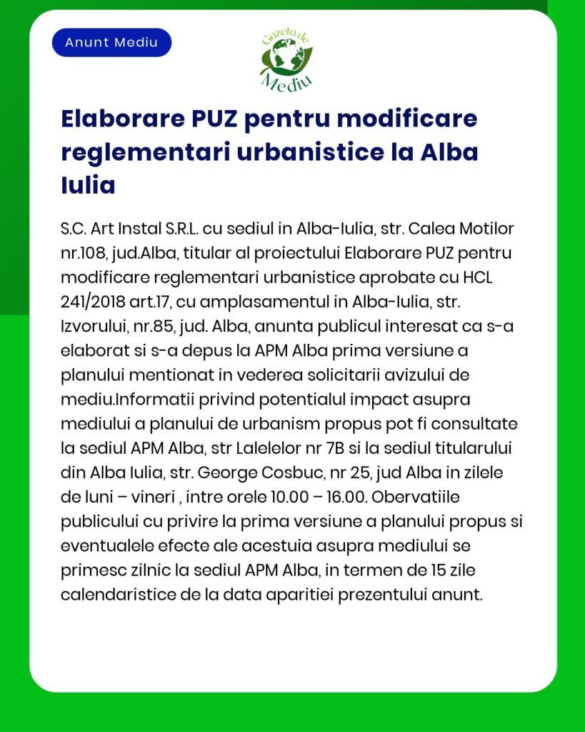 Titlul proiectului și titularul nu sunt specificate exact în textul anunțului