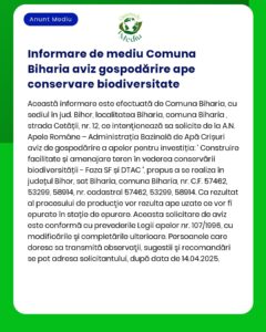 Informare de mediu pentru comuna Bihară privind aviz de construire facilități de conservare apă și biodiversitate
