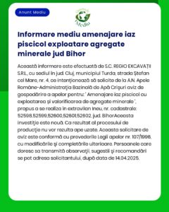 Informare privind amenajarea unui iaz piscicol prin exploatarea agregatelor minerale în județul Bihor detalii despre proiect și procesul de reglementare legală