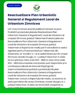 Anunț informativ cu text care detaliază un anunț de interes public despre Planul de Reactualizare Urbanistică General și Regulament Local de Urbanism pentru Zimnicea inclusiv detalii de consultare