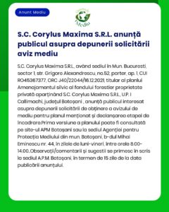 SC Corylus Maxima SRL a depus o solicitare de obținere a unui acord de mediu referitor la activități de gestionare forestieră