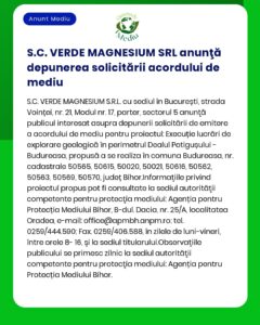 Aviz de la SC Verde Magnesiu SRL despre depunerea unei cereri de acord de mediu cu detalii de explorare geologica in judetul Bihor Romania