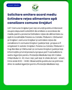 Anunț privind solicitarea acordului de mediu pentru extinderea rețelei de alimentare cu apă și canalizare în comuna Grăjduri județul Iași cu detalii despre amplasament și informații publice