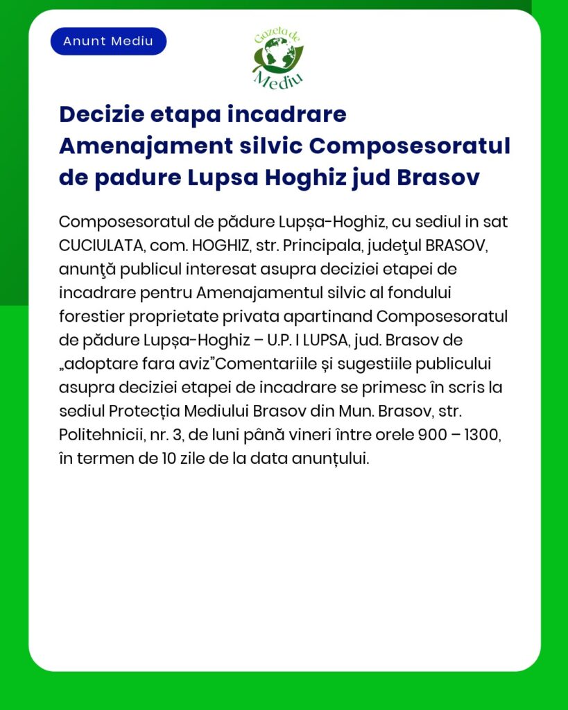Decizie etapa incadrare Amenajament silvic Composesoratul de padure Lu