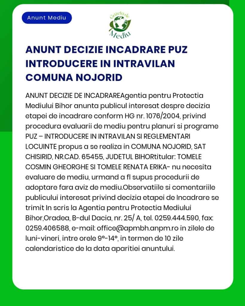 APM anunță decizia de încadrare pentru proiectul PUZ – Construire locuințe împrejmuire imobil racorduri/branșamente la utilități a propus a fi amplasat în comuna Nojorid