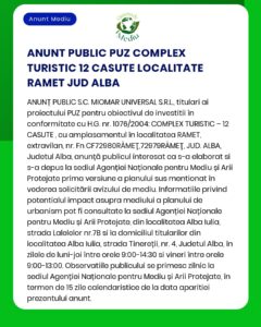 Titlul proiectului Construire complex turistic în comuna Râmeț județul Alba Titular [numele titularului doar dacă apare exact în text] Proiectul este identificat prin codurile [codurile de identificare menționate în anunț] APM anunță publicul interesat să transmită opinii sau solicitări privind proiectul