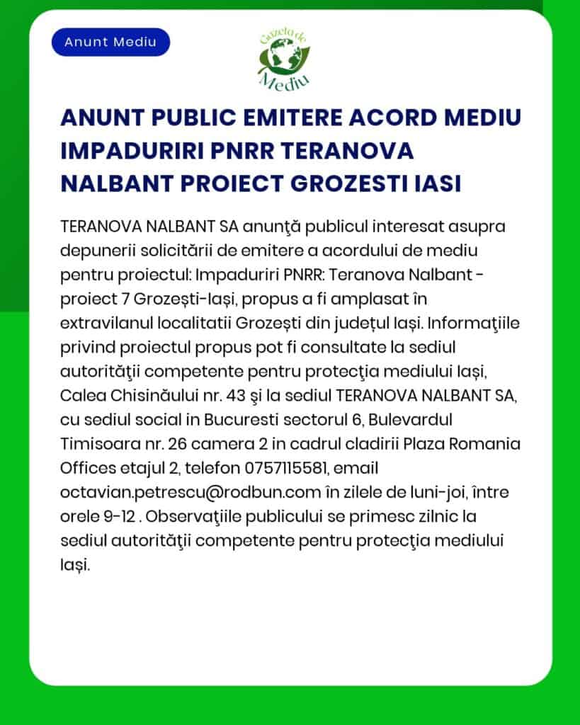 ANUNT PUBLIC EMITERE ACORD MEDIU IMPADURIRI PNRR TERANOVA NALBANT PROI